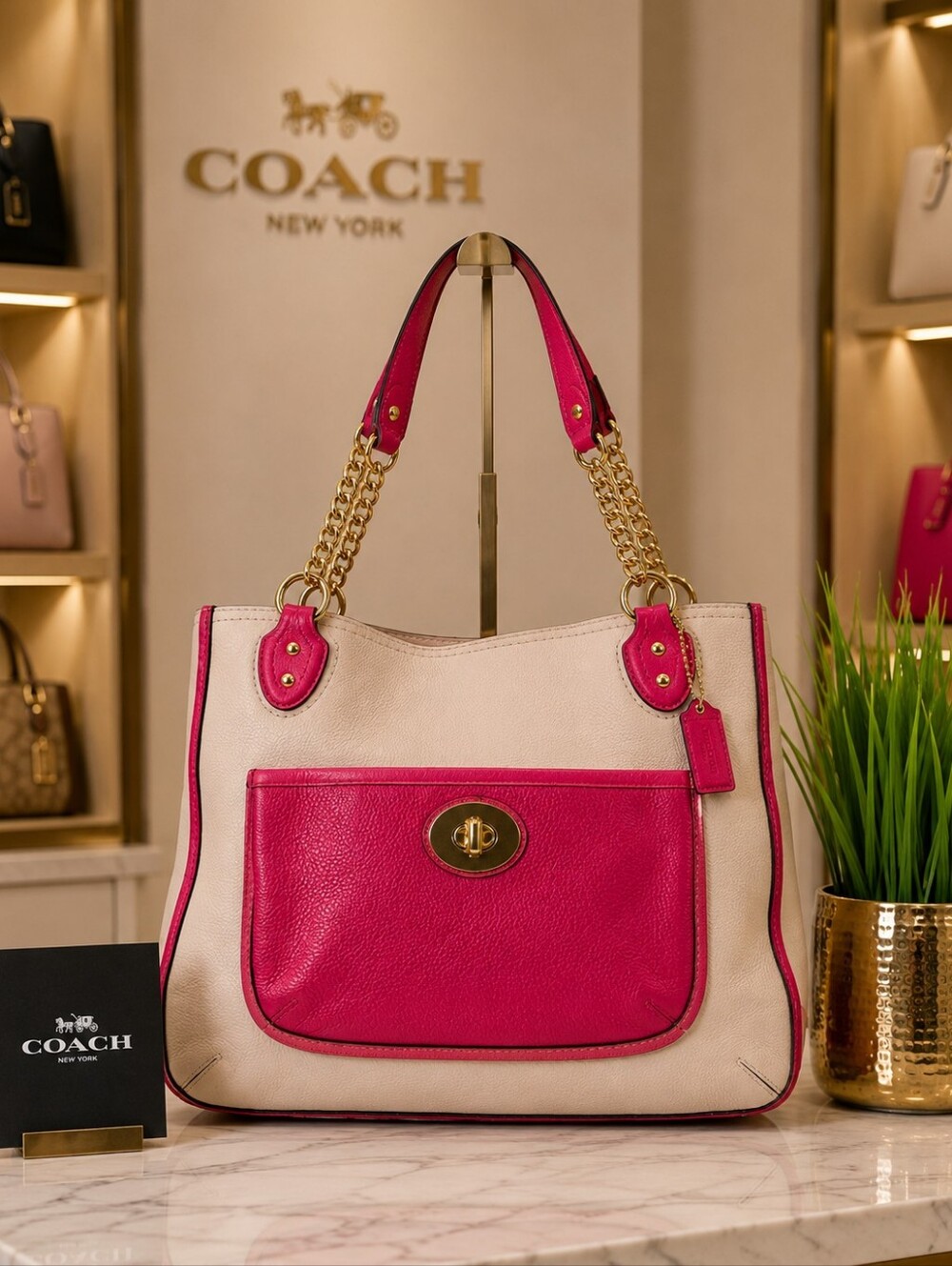 Coach Y2K Poppy Colorblock Pink & Blush Leather Large Shoulder Bag Gold Chain